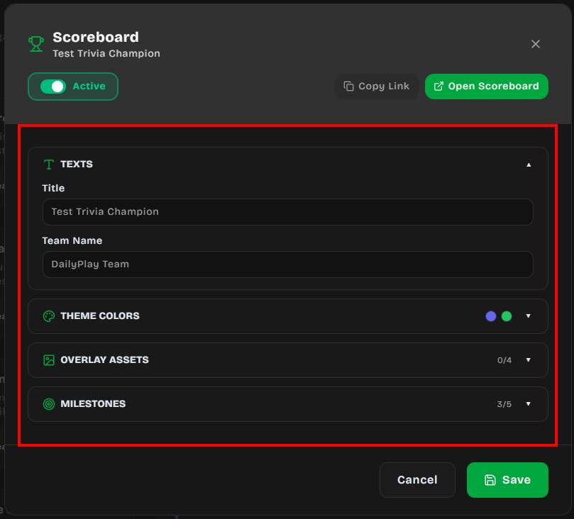 Edit scoreboard sections