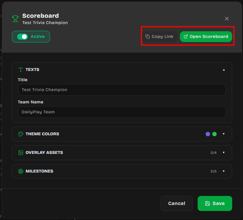 Copy link and open scoreboard shortcuts